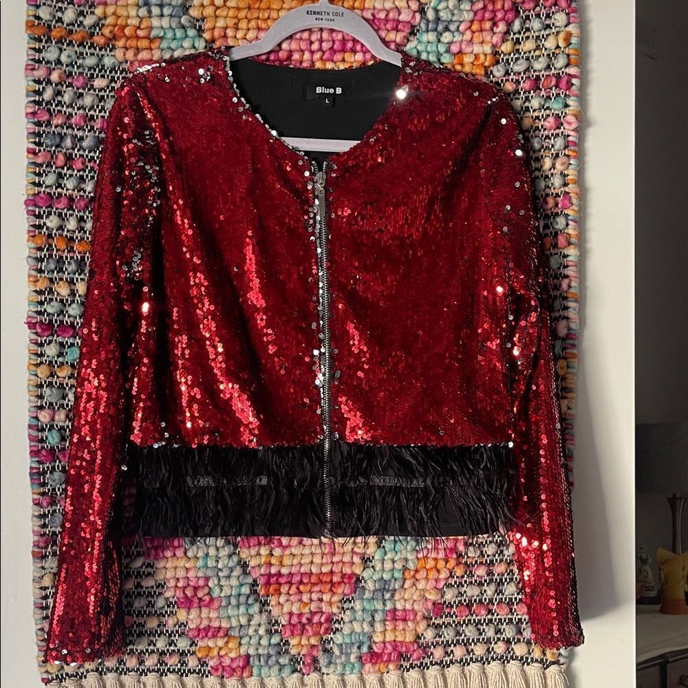 Red Sequin Jacket with Black  Feather Trim cropped.